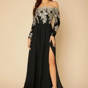 Appliqué split thigh off the shoulder dress